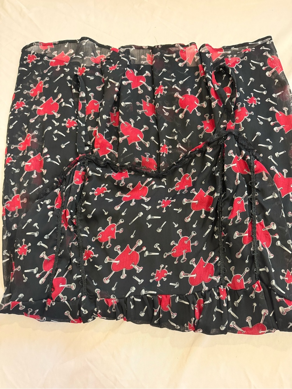 Women’s Black Floral Print Chiffon Skirt with Red Accents